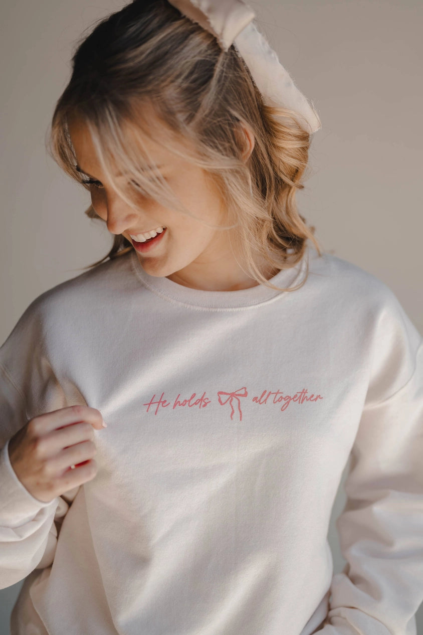 Pink Bow 'He Holds All Together' Ivory Pullover