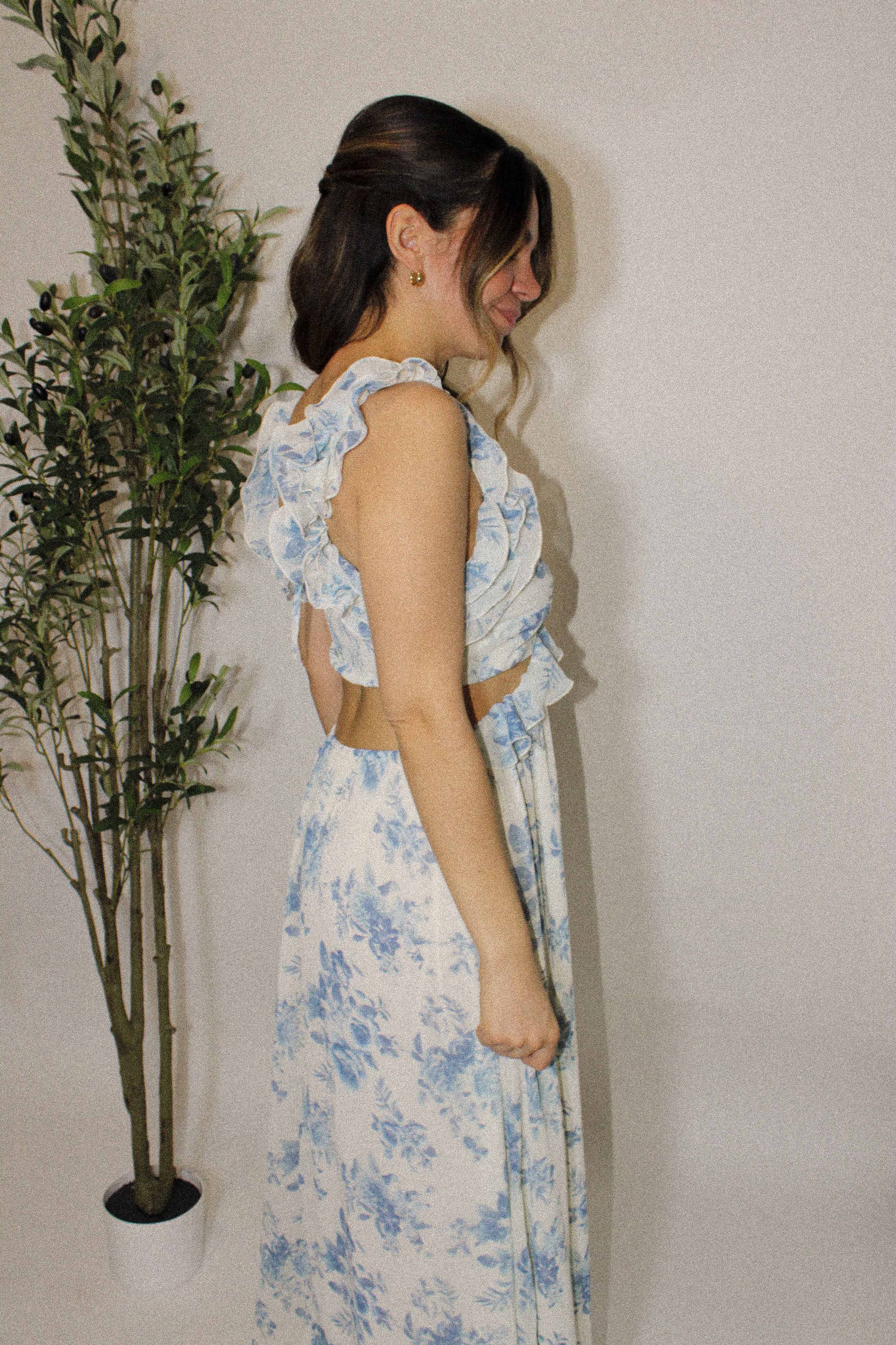 Seaside Ruffle Blue Floral Midi Dress