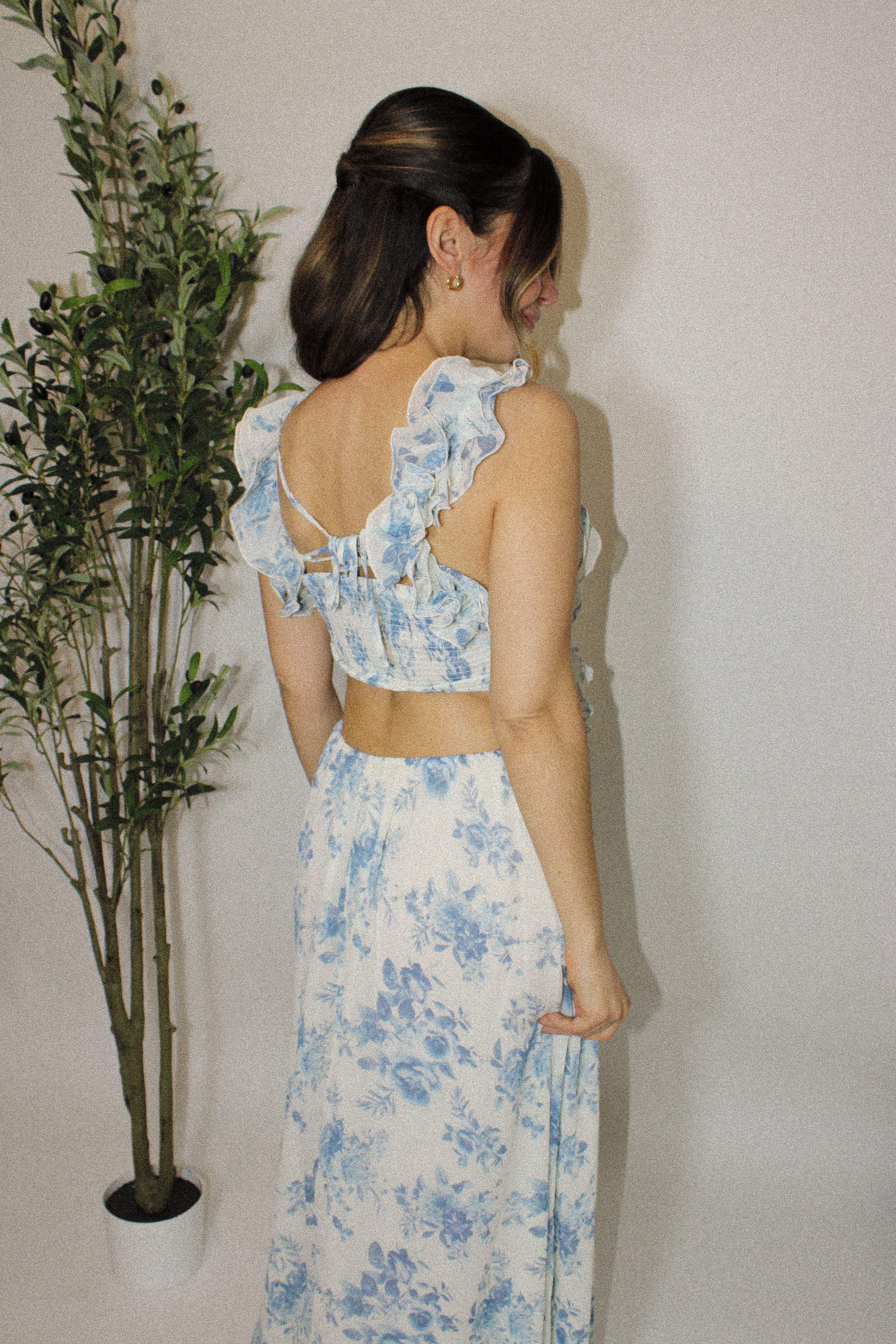 Seaside Ruffle Blue Floral Midi Dress