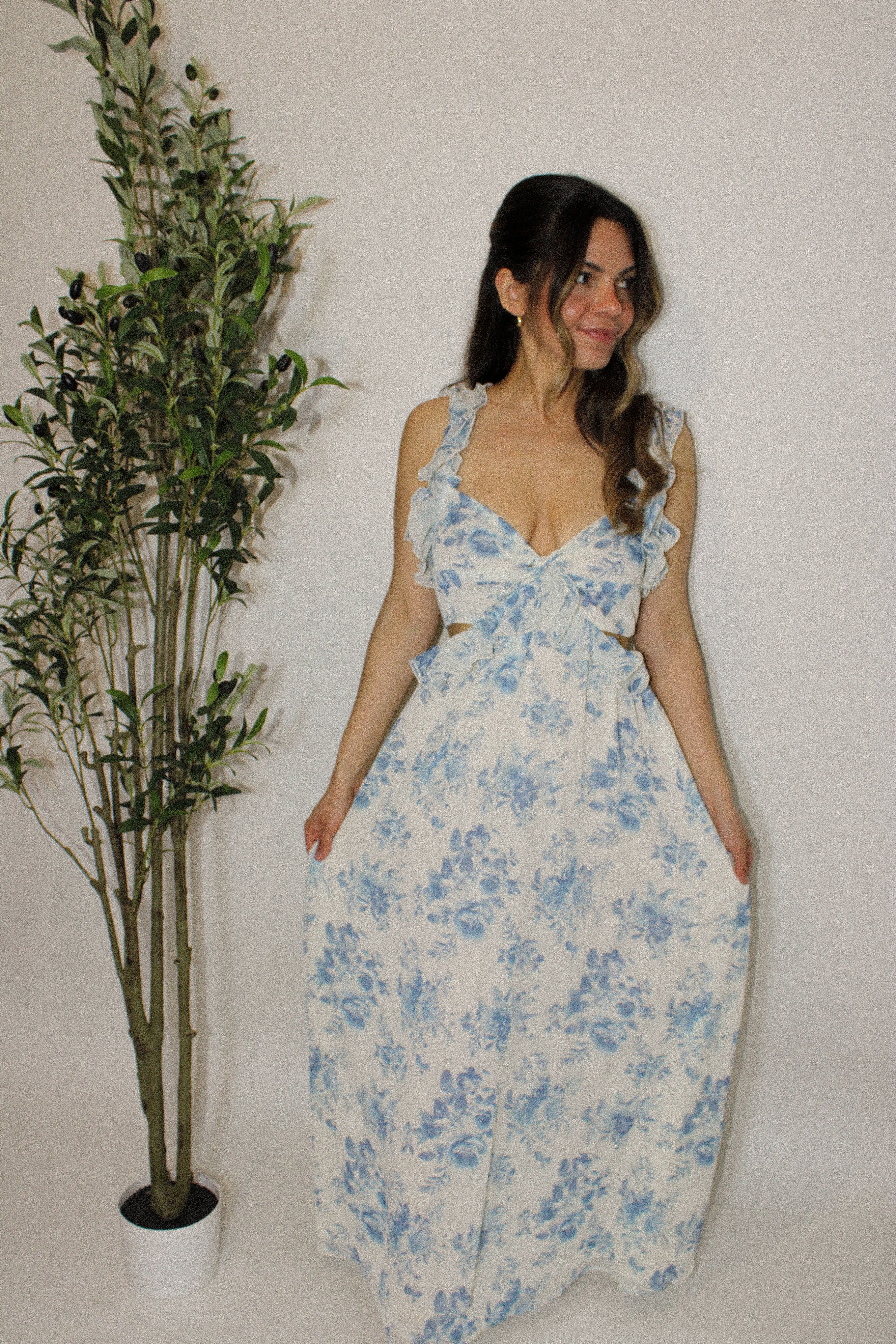 Seaside Ruffle Blue Floral Midi Dress