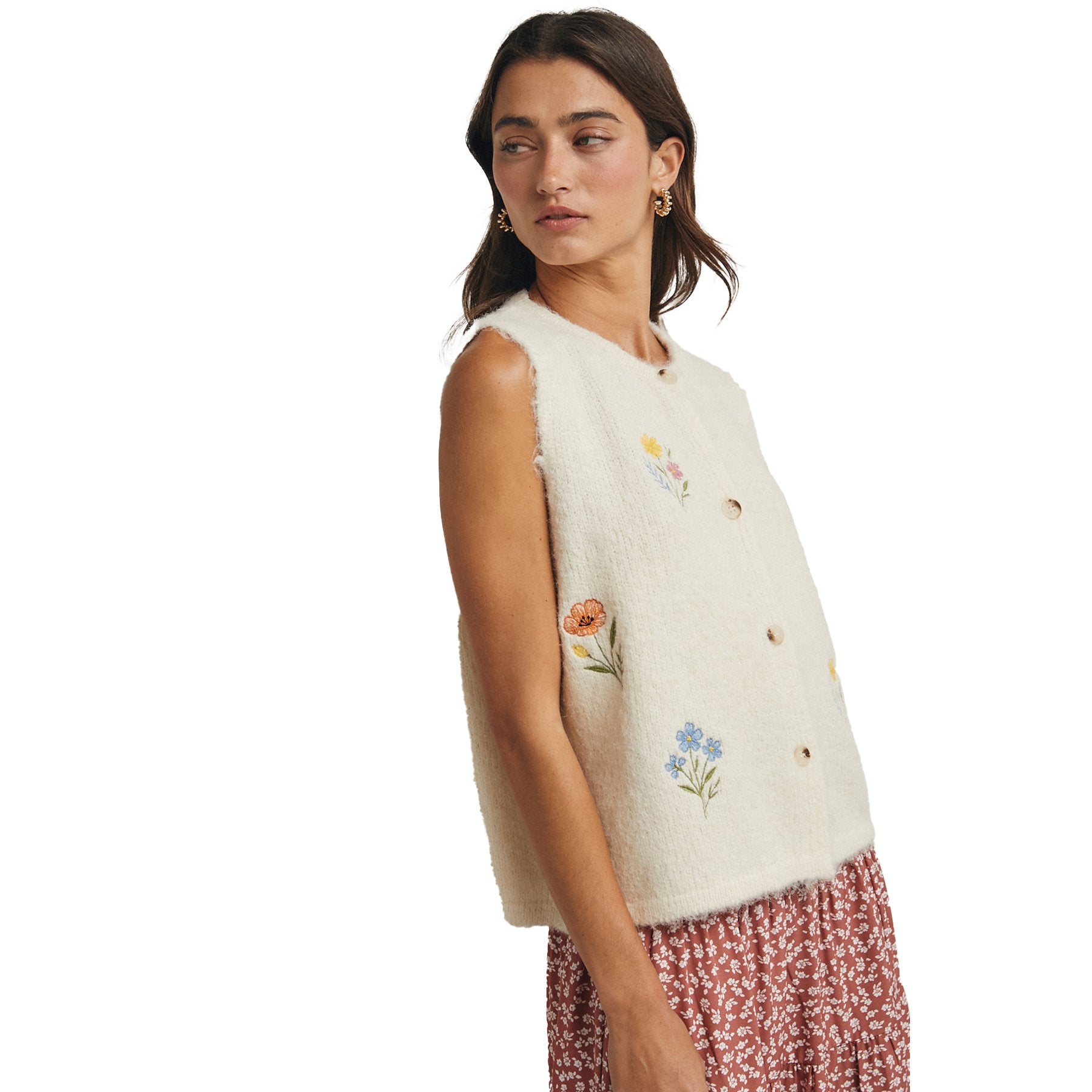 Floral Embroidered Vest in Cream