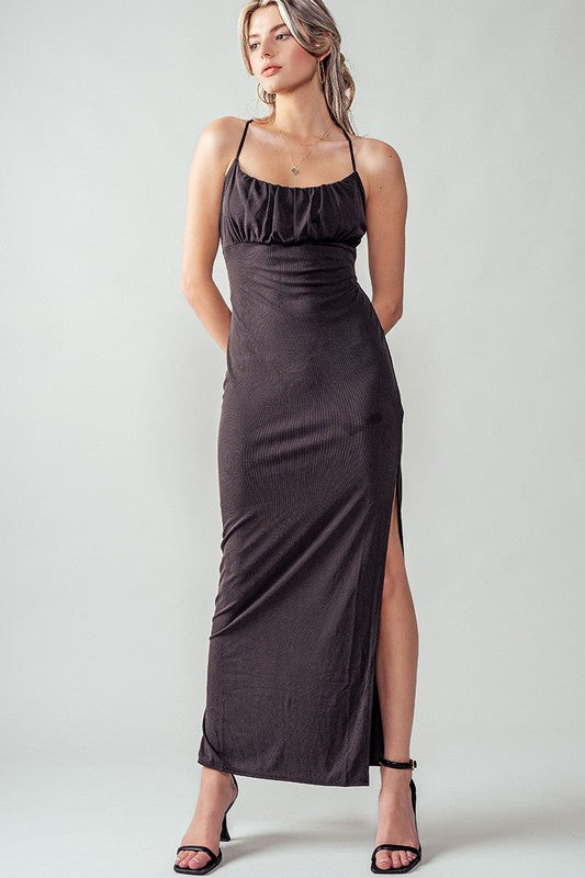 Bella Ruched Black Casual Slit Dress