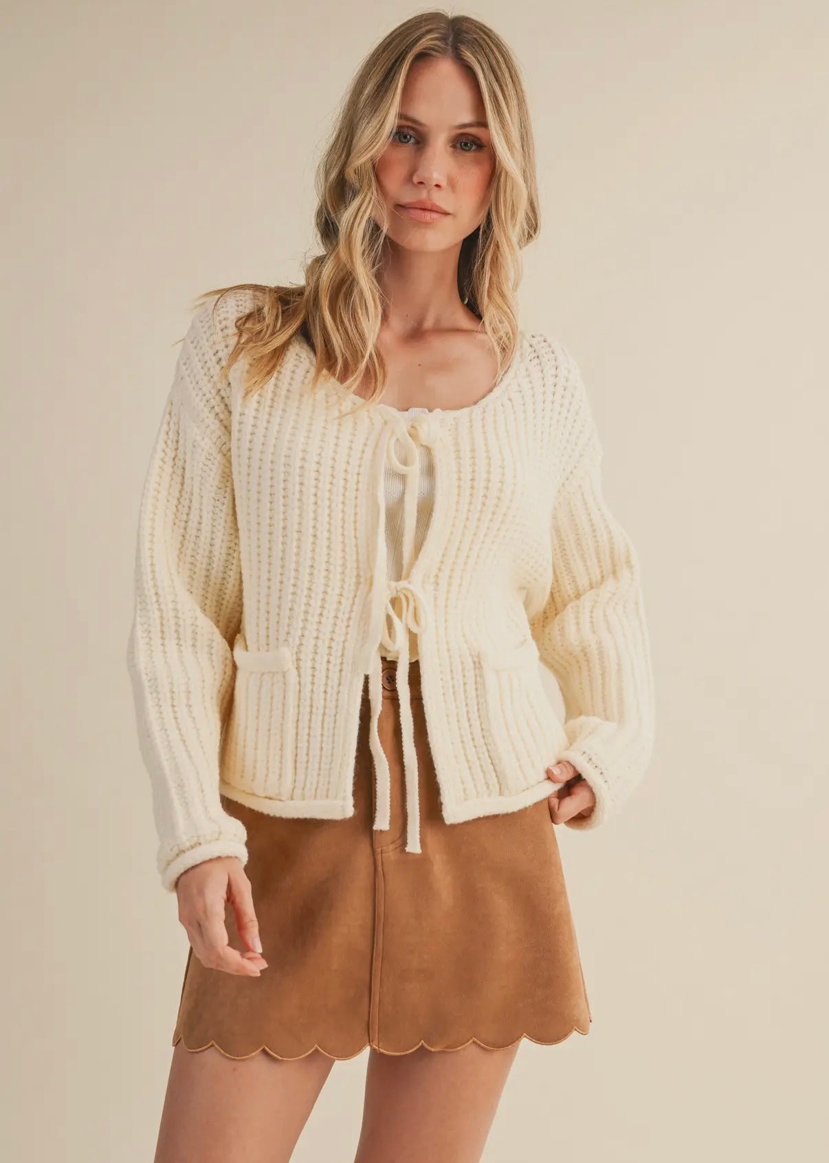 Cream Front-Tie Cardigan