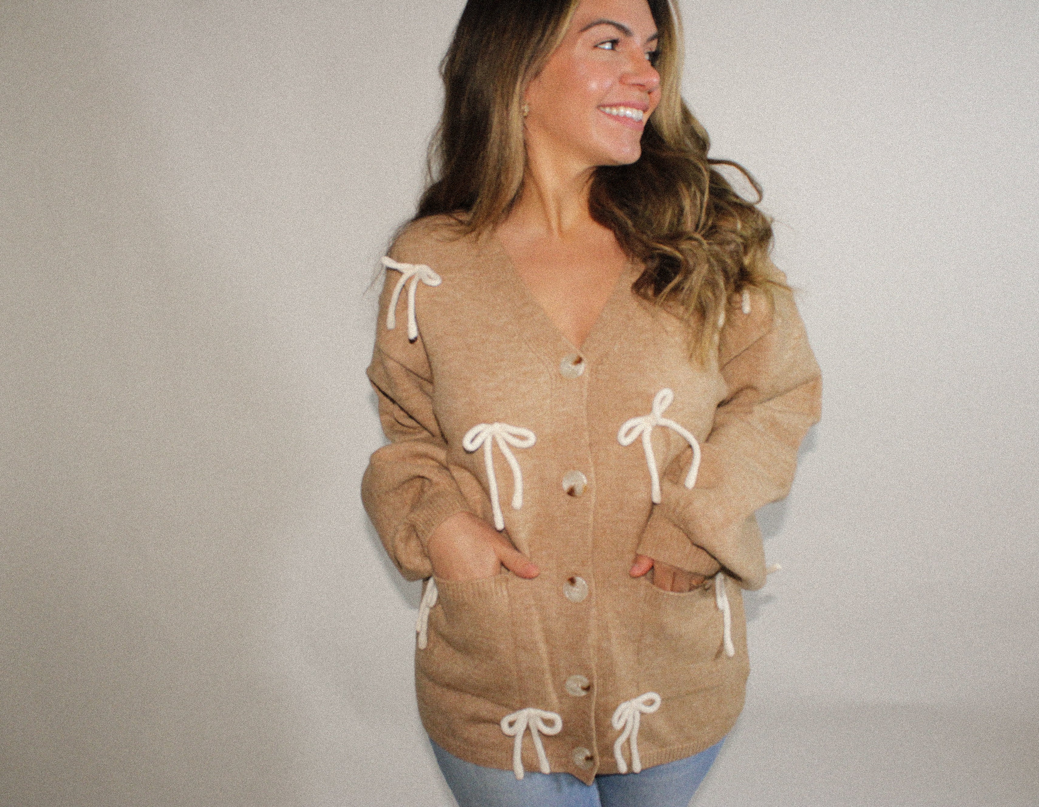 Lola Taupe Button-down Bow Cardigan