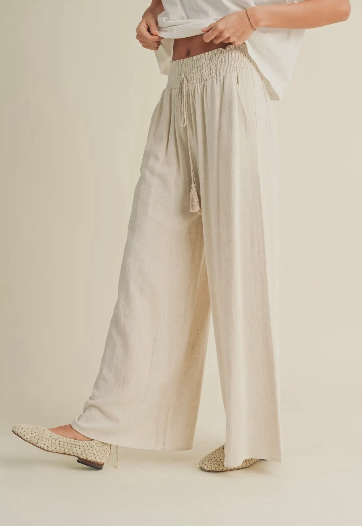 Alani Oatmeal Linen Smocked Waist Pants