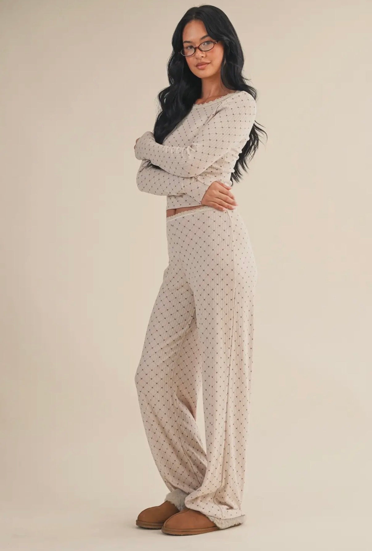 Heart Print Pointelle Lounge Set with Picot Lace Trim