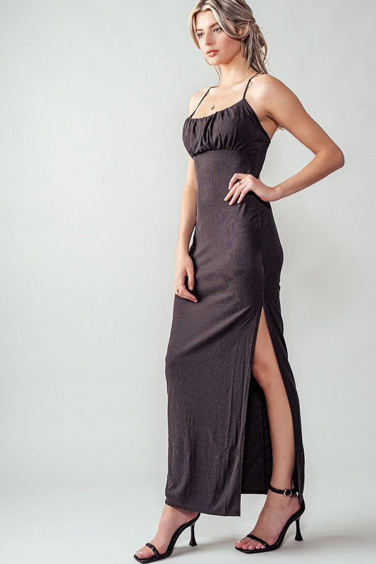 Bella Ruched Black Casual Slit Dress