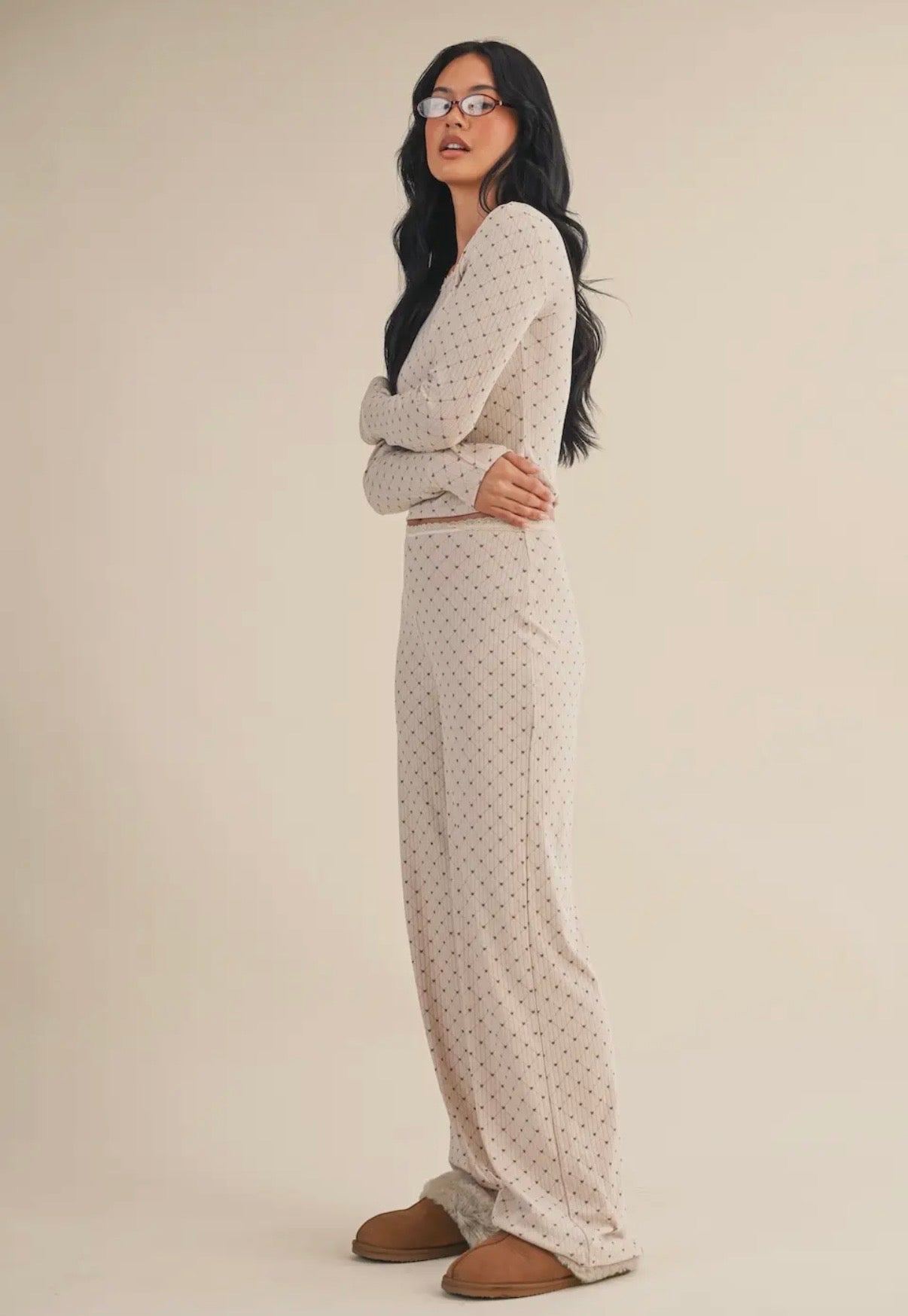 Heart Print Pointelle Lounge Set with Picot Lace Trim