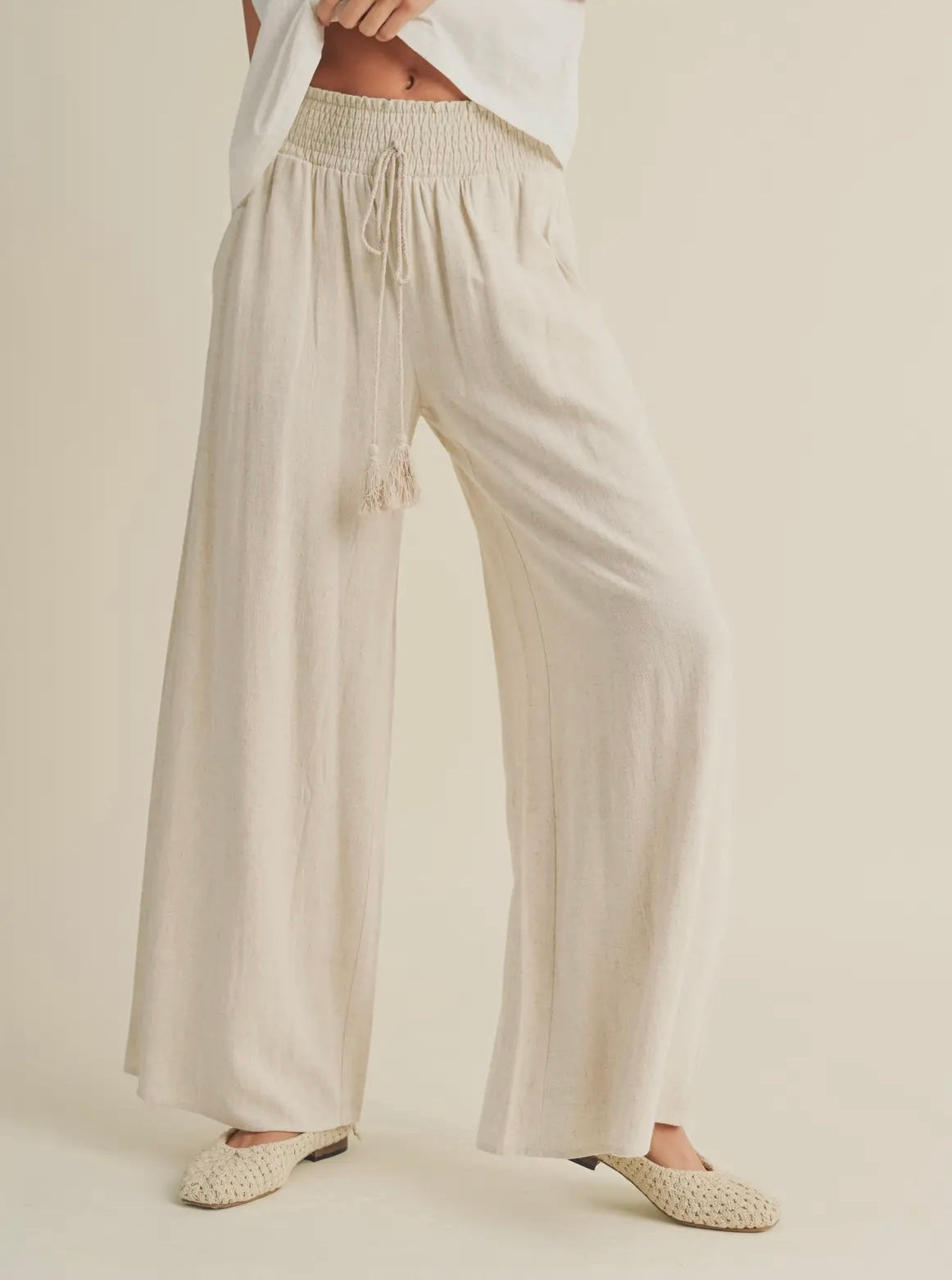 Alani Oatmeal Linen Smocked Waist Pants