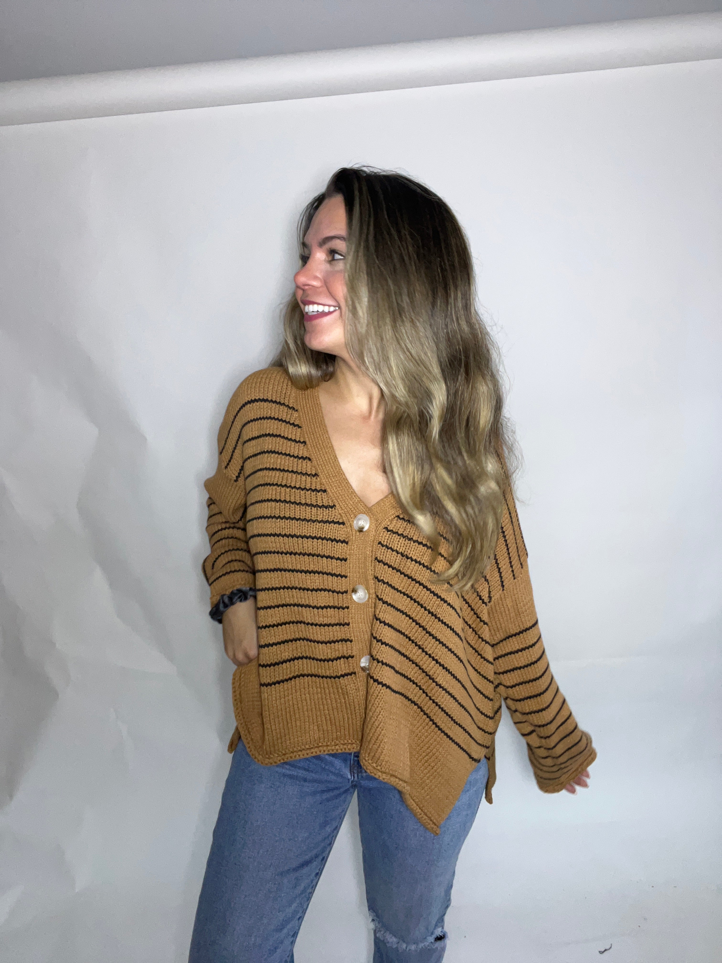 Hope Camel Striped Knit Cardigan