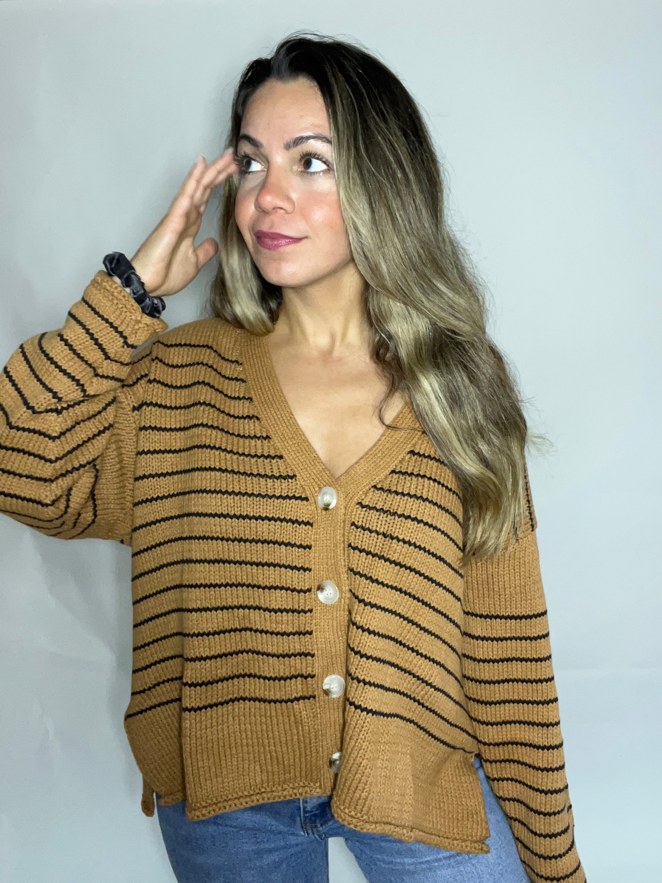 Hope Camel Striped Knit Cardigan