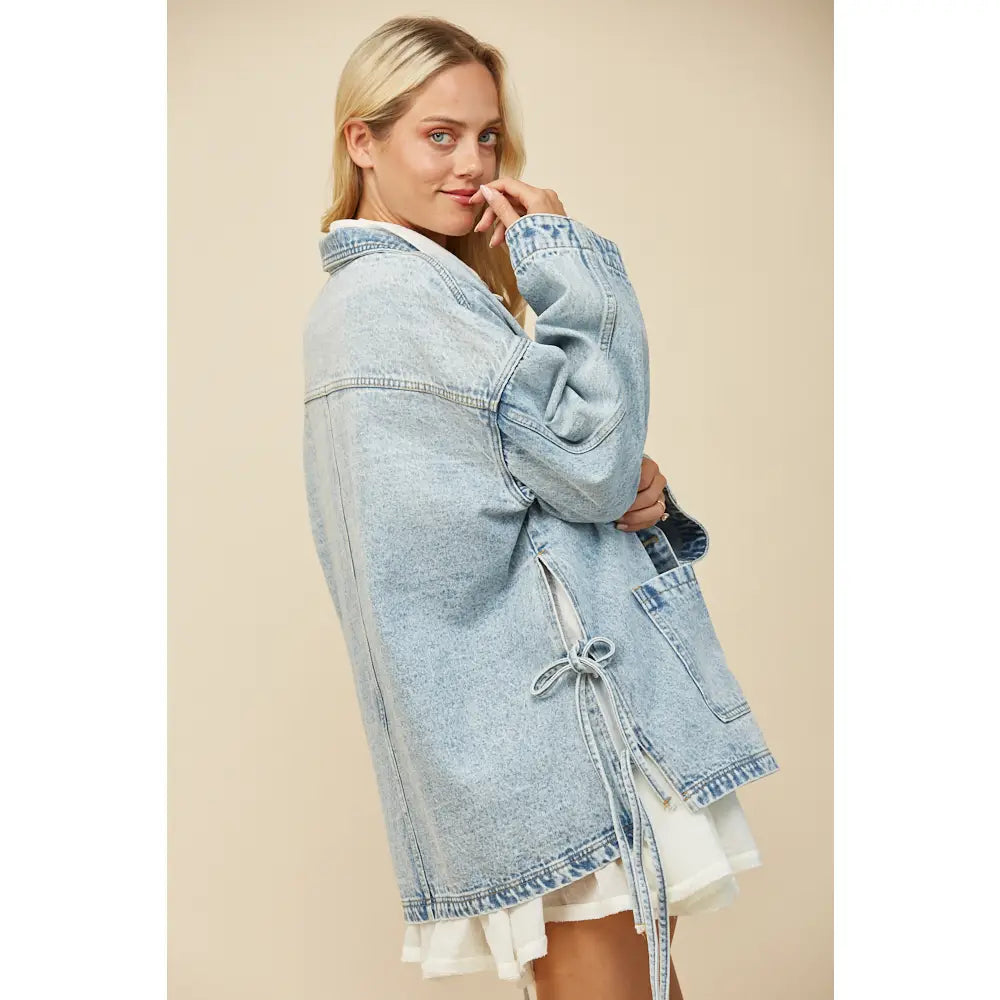 Mable Light Wash Side Tie Oversized Denim Jacket