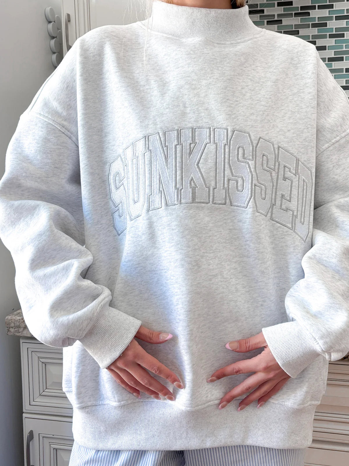 Pearl Grey Mockneck Sunkissed Varsity Embroider Sweatshirt