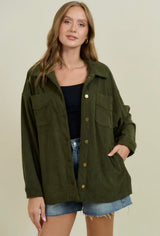 Corduroy Button Down Oversized Jacket in Olive