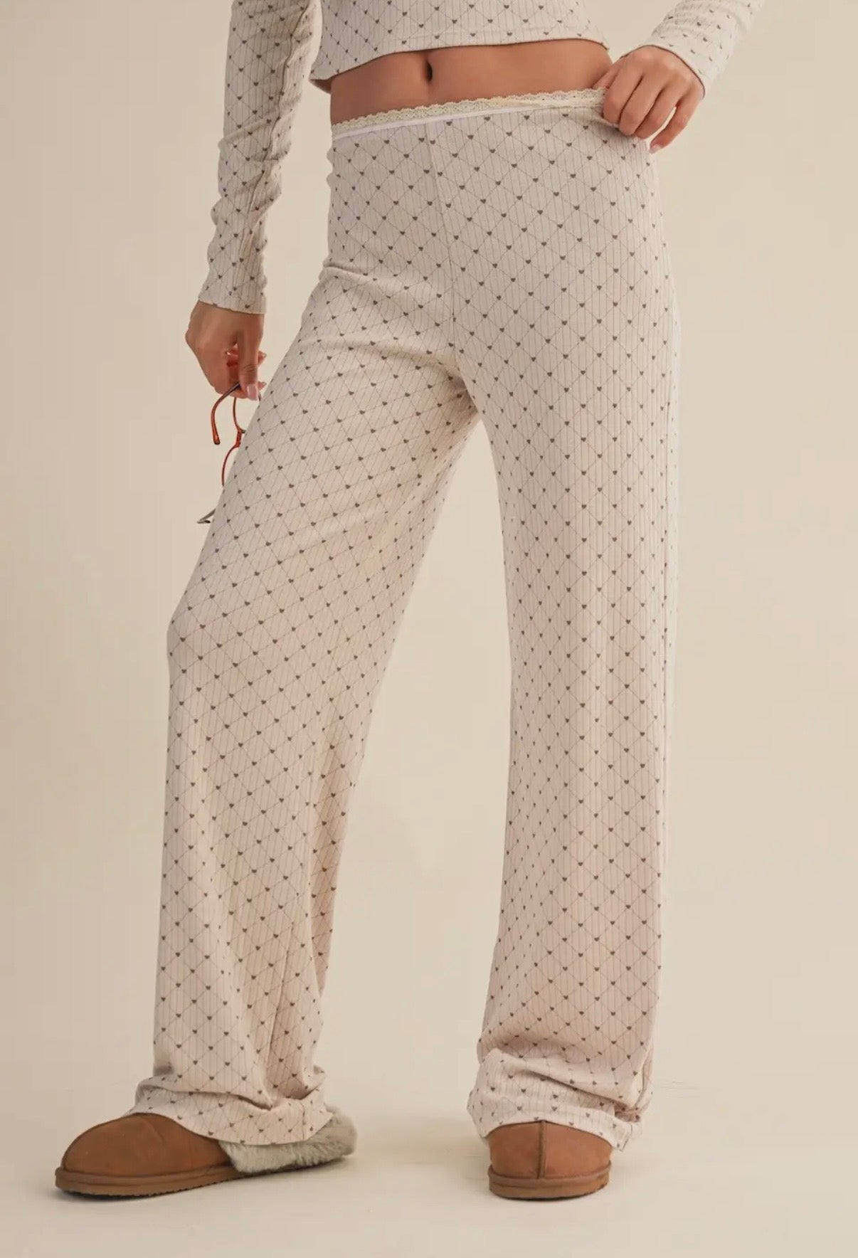 Heart Print Pointelle Lounge Set with Picot Lace Trim