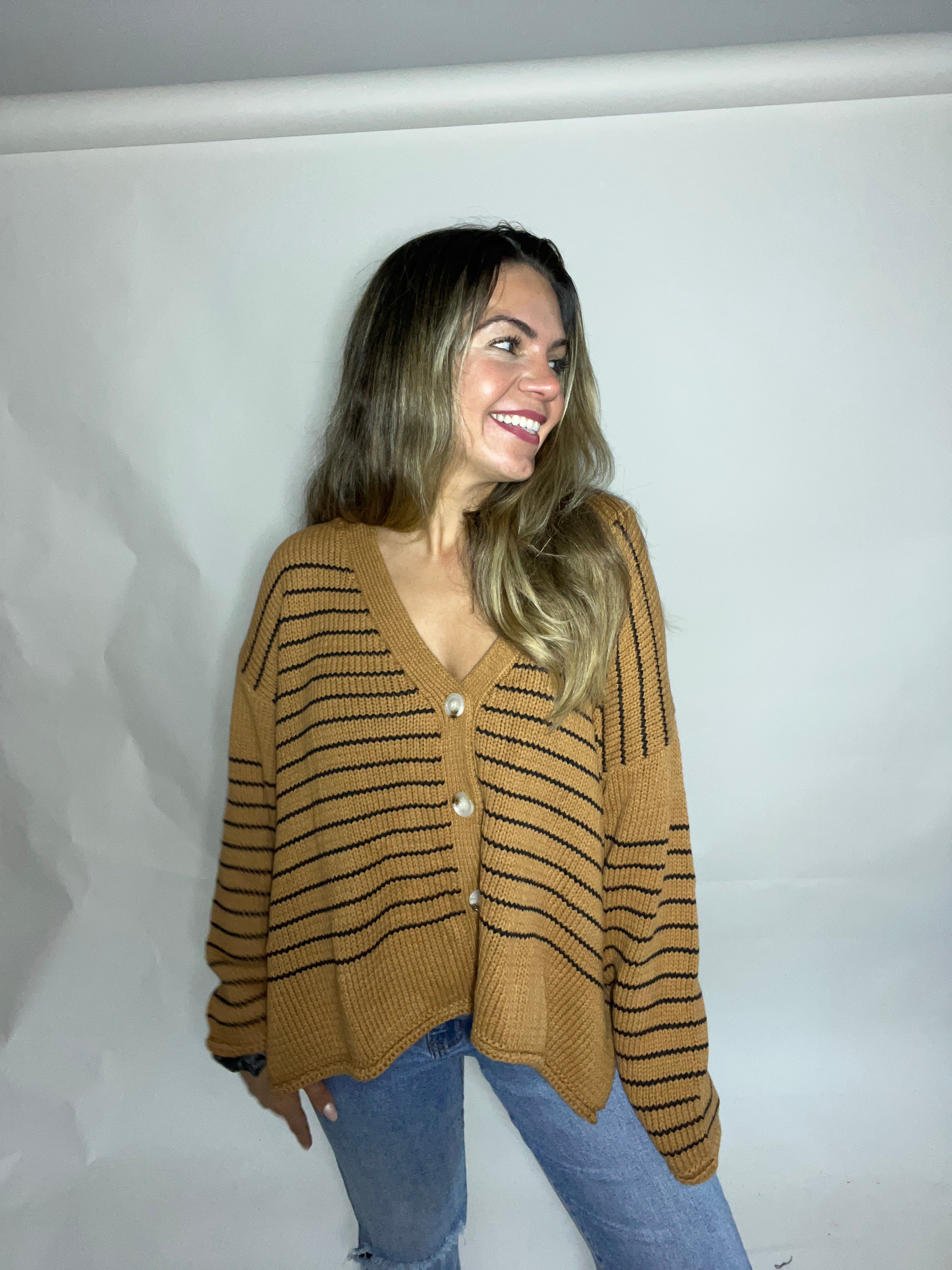 Hope Camel Striped Knit Cardigan