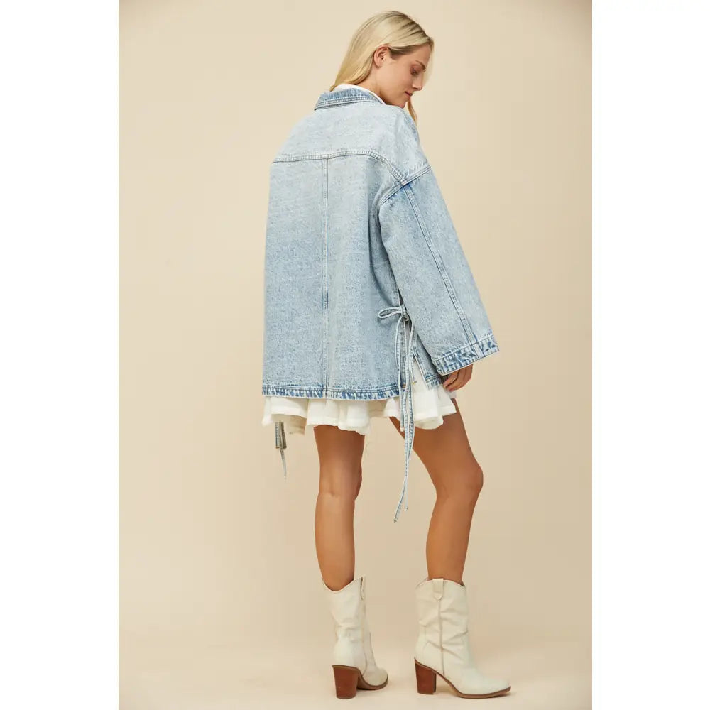 Mable Light Wash Side Tie Oversized Denim Jacket