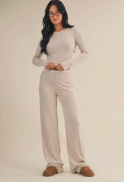 Heart Print Pointelle Lounge Set with Picot Lace Trim