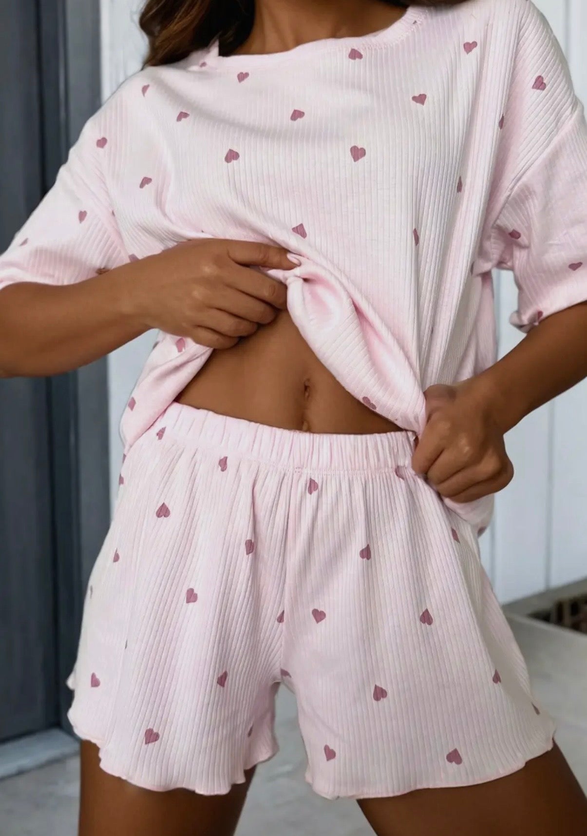 Valentine Heart Ribbed Knit Short Lounge Set