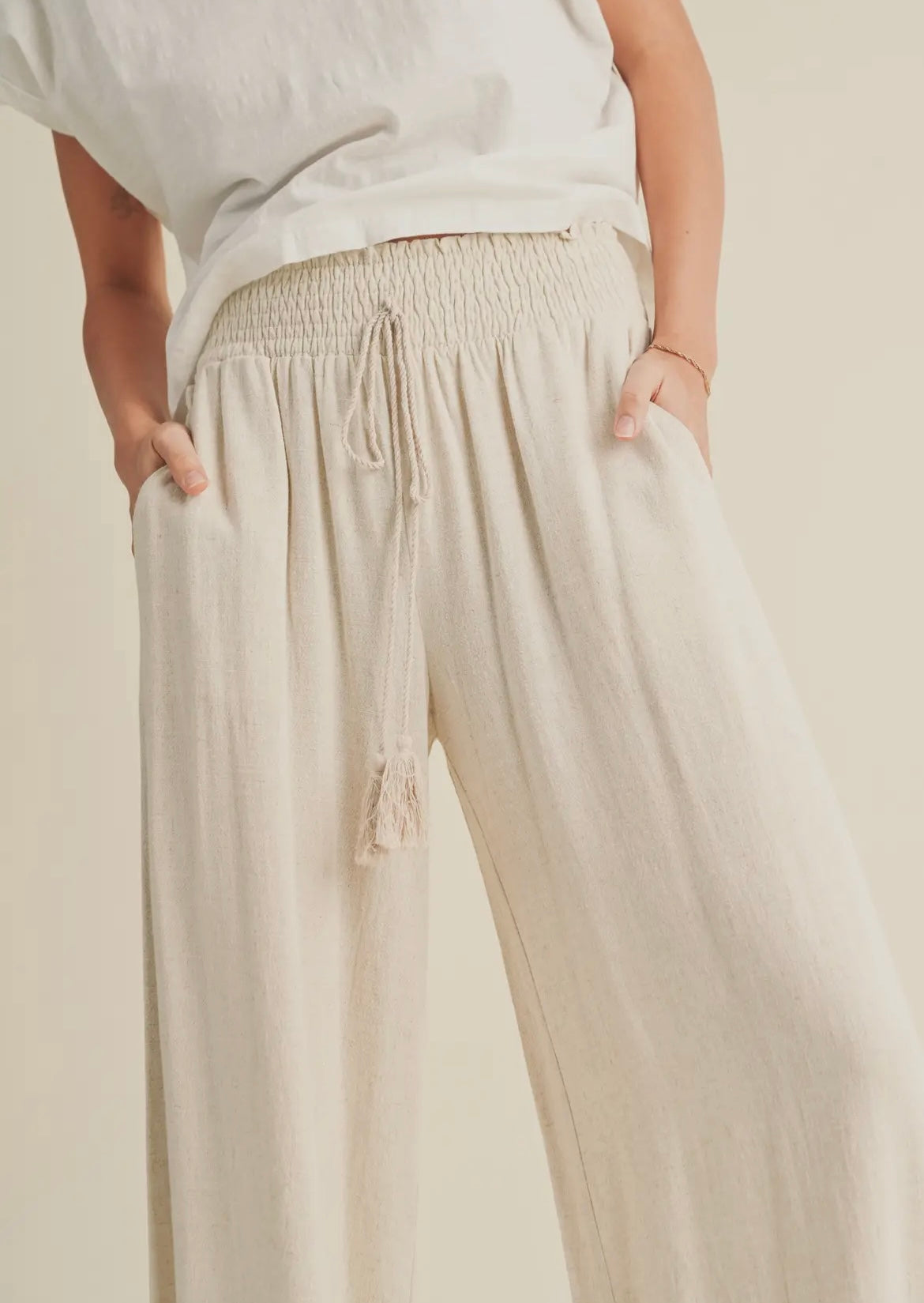 Alani Oatmeal Linen Smocked Waist Pants