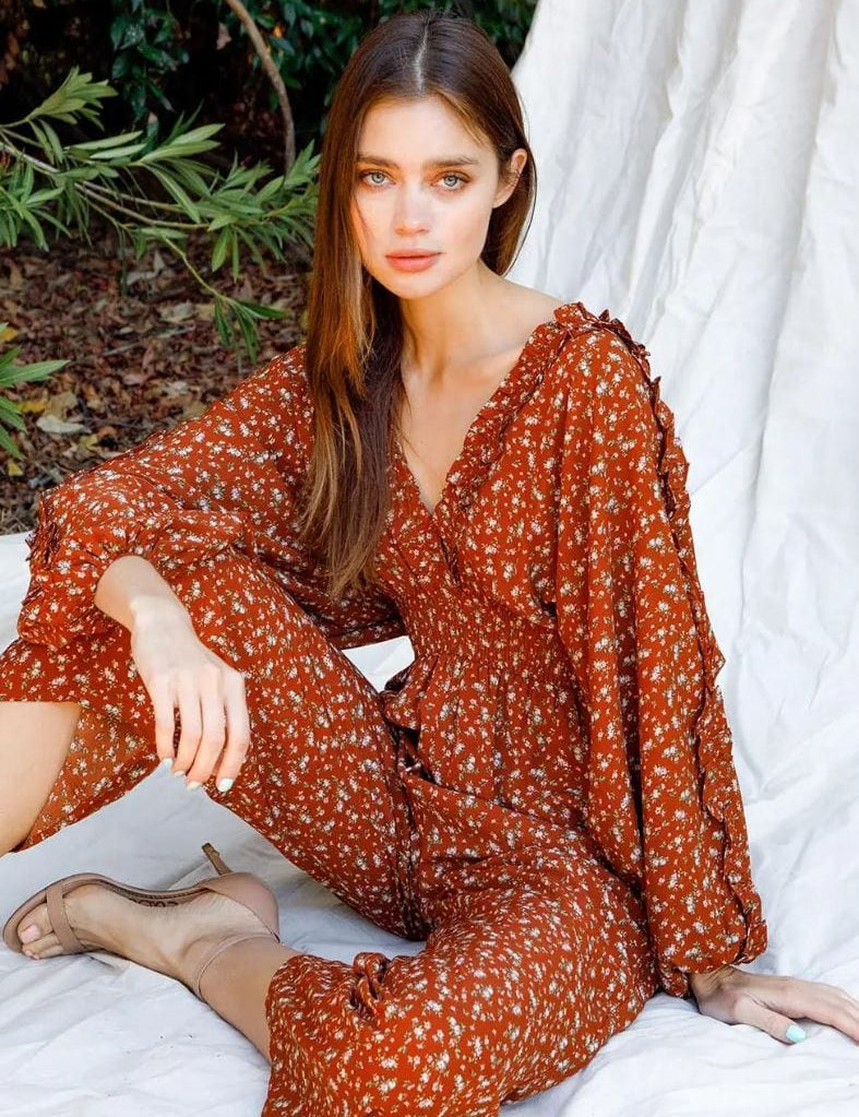 Rust Orange Floral Jumpsuit - Muted Closet