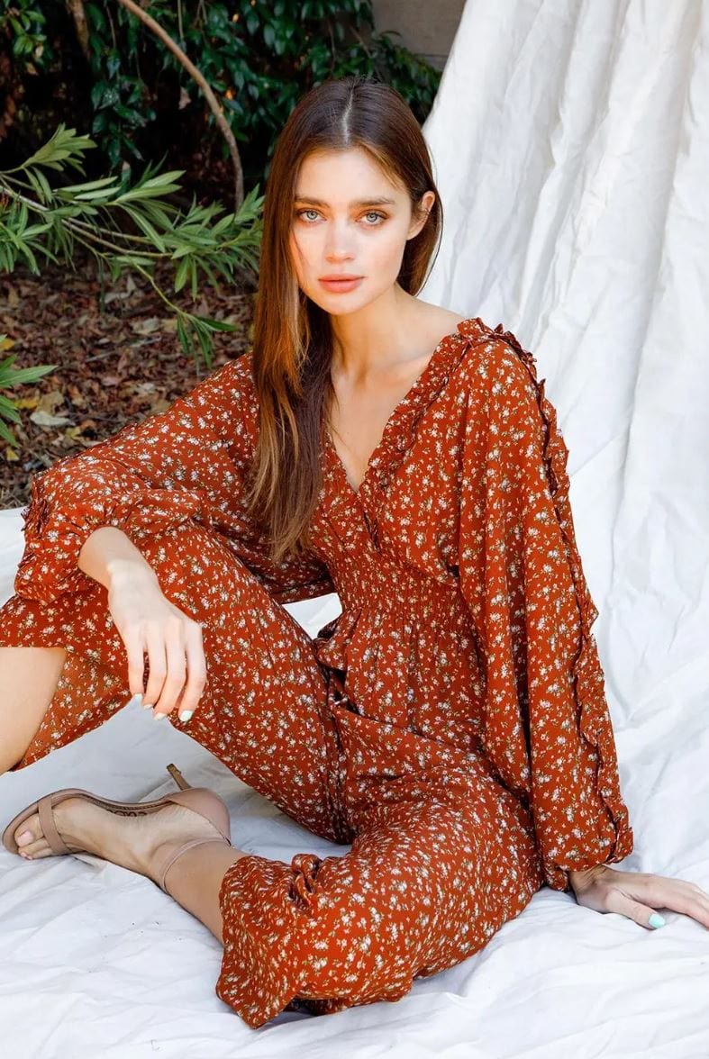 Rust Orange Floral Jumpsuit - Muted Closet