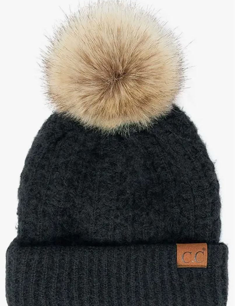 C.C Thick Cable Knit Pom Beanie - Muted Closet